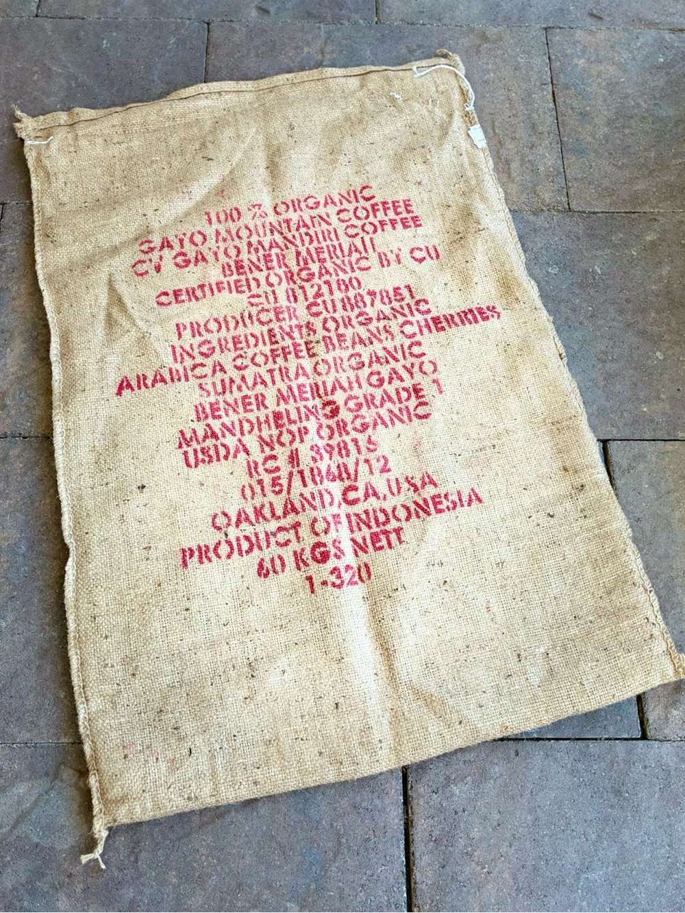 Organic Burlap Coffee Sack Tote Bags- Natural with Red Print